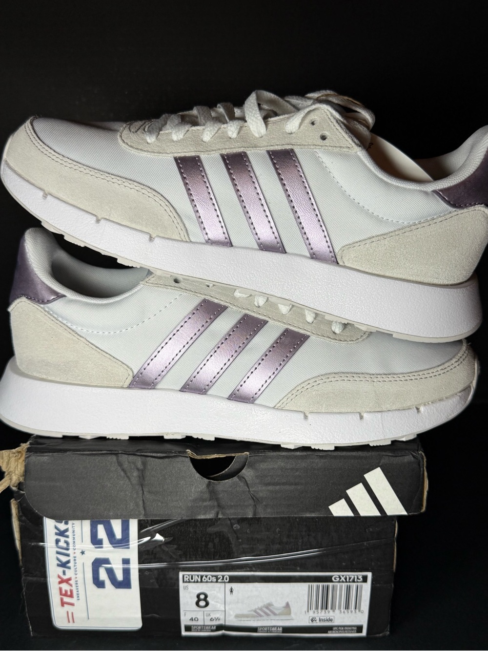 adidas Women’s White Sneakers with Metallic Lilac Stripes 8W